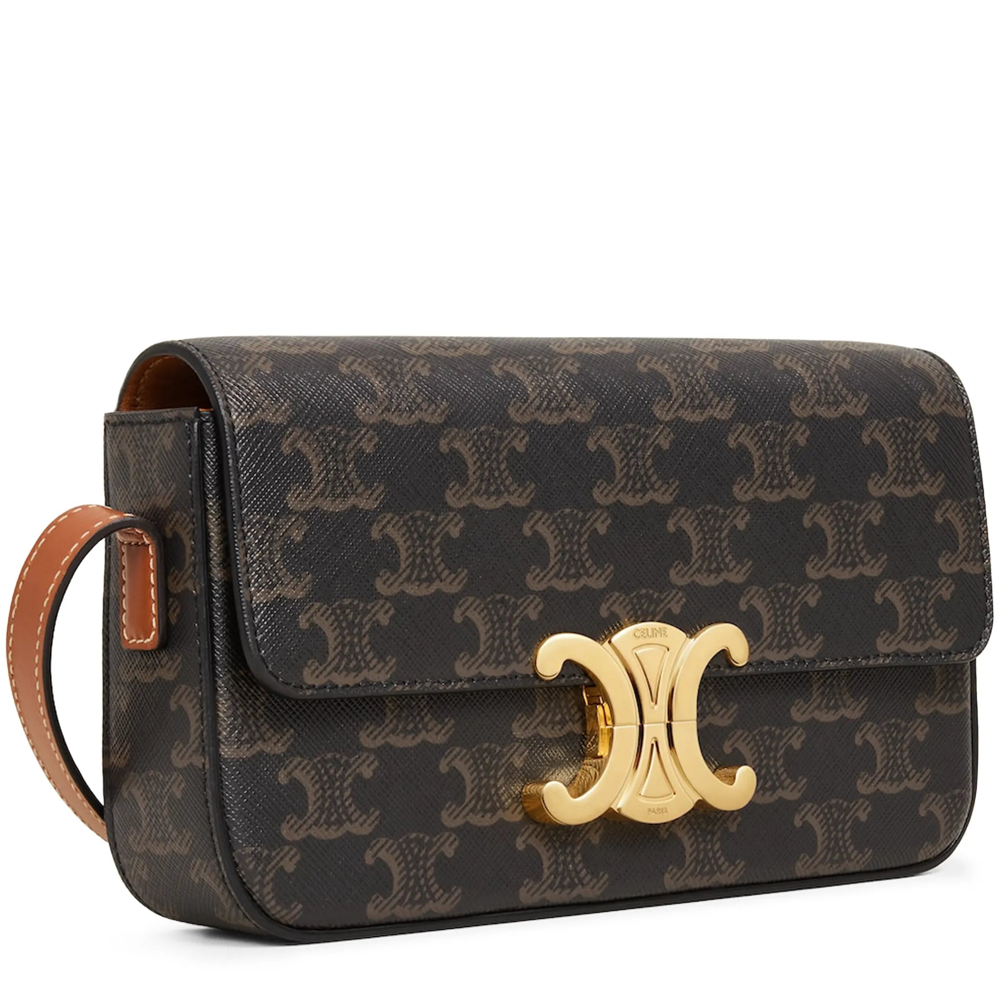 Front Side View of Celine Claude Triomphe Canvas and Calfskin Tan Shoulder Bag 194142CUZ_04LU